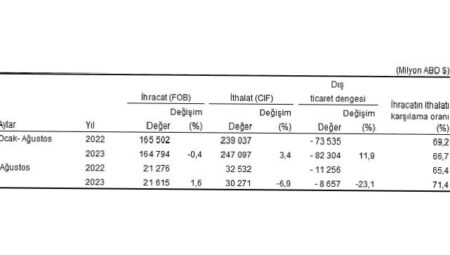 Ağustos ayında genel ticaret sistemine göre ihracat yüzde 1,6 arttı, ithalat yüzde 6,9 azaldı